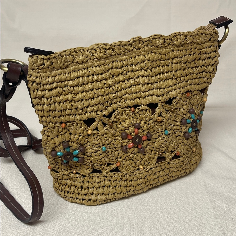 Woven Straw Crossbody Bag with Floral Accents